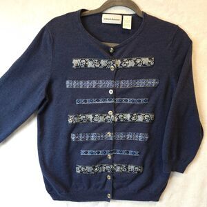 Women's Navy Blue Cardigan Cottagecore Patchwork Military Style Embellished Trim